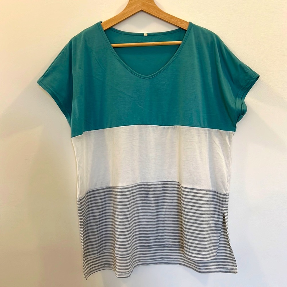 Amazon Brand XL Teal Grey White Stripe Short Sleeve Shirt Top